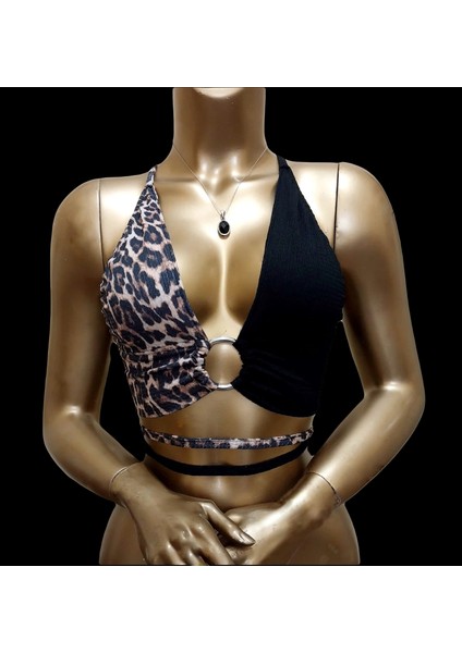 Siyah Leoparlı Göğüs Dekolteli Crop