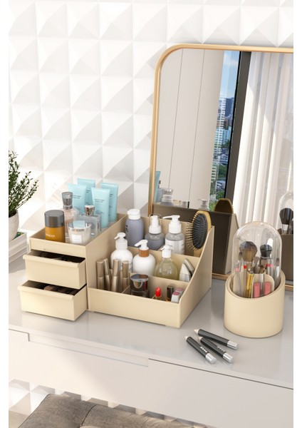 Bonnie Makyaj Kozmetik ve Fırçalık Düzenleyici Organizer 2'li Set Krem