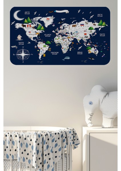Eğitici ve Bayraklı Dünya Haritası Dünya Atlası Çocuk ve Bebek Odası Duvar Sticker