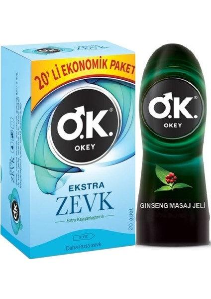 Ekstra Zevk Ekstra Kayganlaştırıcılı Prezervatif 20’li + Okey Masaj Jeli Ginseng 200 ml