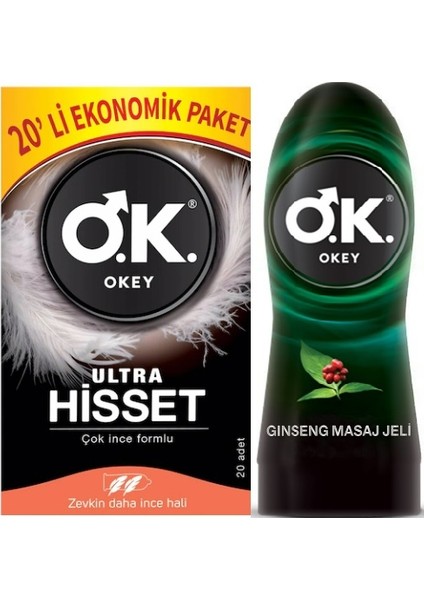 Ultra Hisset 20'li Ekonomik Prezervatif + Okey Masaj Jeli Ginseng 200 ml