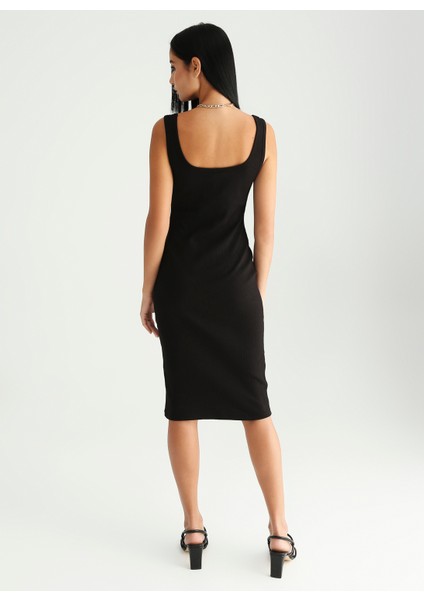 Siyah Kadın Kolsuz Midi Basic Fitilli Kare Yaka Elbise MARSE fırsatları