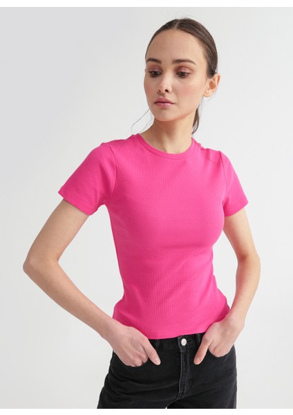 Bisiklet Yaka Fitilli Fuşya Kadın T-Shirt TEO fiyatları