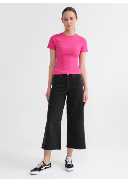 Bisiklet Yaka Fitilli Fuşya Kadın T-Shirt TEO modelleri