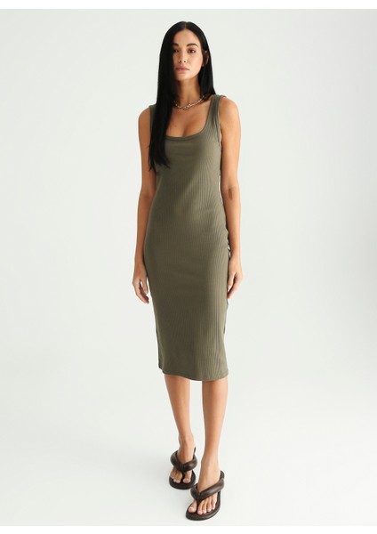 Haki Kadın Kolsuz Midi Basic Fitilli Kare Yaka Elbise MARSE