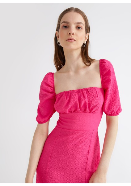 Pembe Kadın Karpuz Kollu Mini Basic Armürlü Kare Yaka Elbise LELI fiyatları