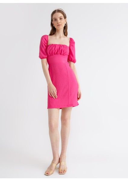 Pembe Kadın Karpuz Kollu Mini Basic Armürlü Kare Yaka Elbise LELI modelleri