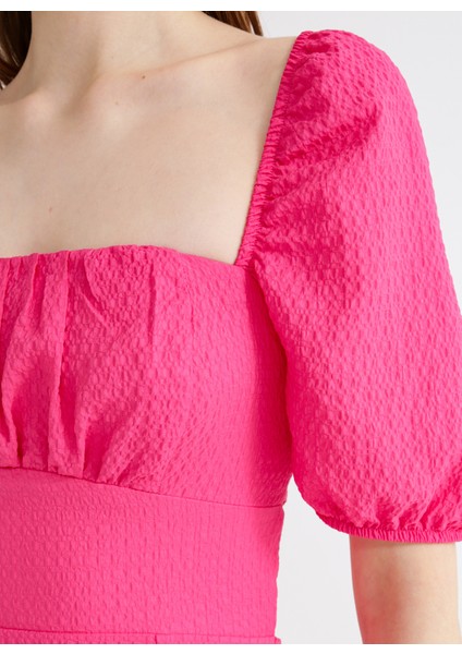 Pembe Kadın Karpuz Kollu Mini Basic Armürlü Kare Yaka Elbise LELI indirimleri