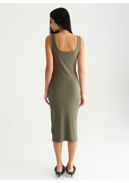 Haki Kadın Kolsuz Midi Basic Fitilli Kare Yaka Elbise MARSE indirimleri