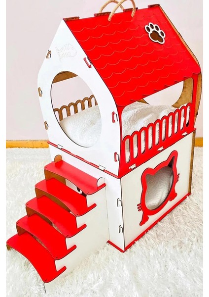 Dekoratif Ahşap Kedi Evi Teraslı 2 Katlı Merdivenli Kedi Evi Kırmızı - Beyaz