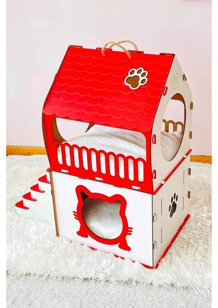 Dekoratif Ahşap Kedi Evi Teraslı 2 Katlı Merdivenli Kedi Evi Kırmızı - Beyaz fiyatları