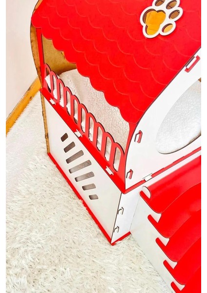 Dekoratif Ahşap Kedi Evi Teraslı 2 Katlı Merdivenli Kedi Evi Kırmızı - Beyaz modelleri