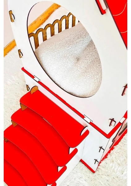 Dekoratif Ahşap Kedi Evi Teraslı 2 Katlı Merdivenli Kedi Evi Kırmızı - Beyaz fırsatları