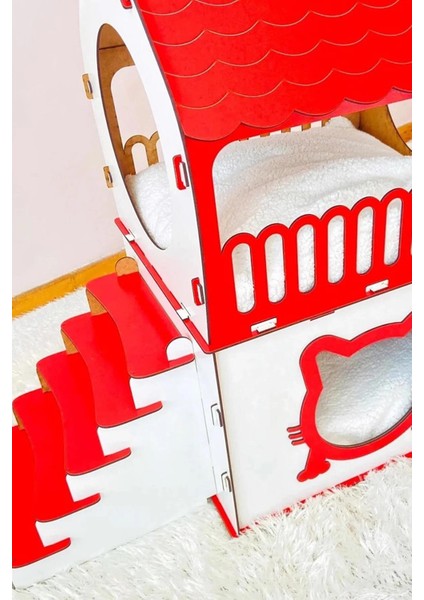 Dekoratif Ahşap Kedi Evi Teraslı 2 Katlı Merdivenli Kedi Evi Kırmızı - Beyaz indirimleri