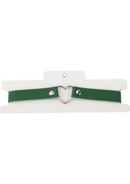 Kalp Detay Yeşil Deri Choker Tasma Kolye