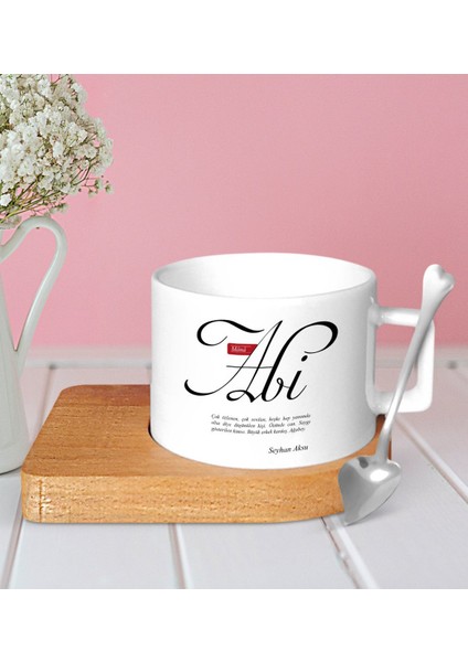 Kişiye Özel Mânâ Abi Ahşap Altlıklı Seramik Fincan-1