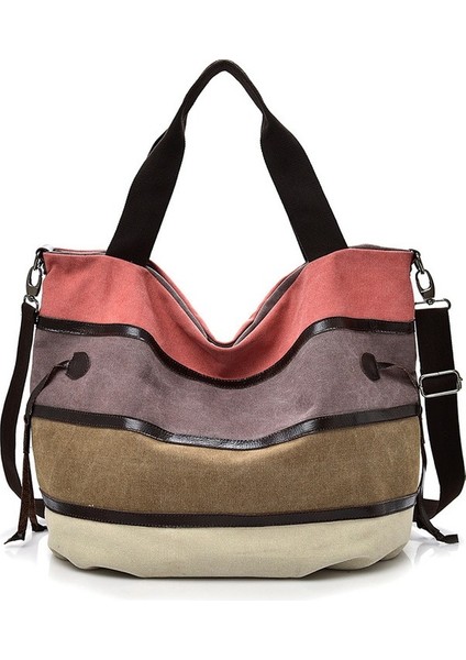 Omuz Kanvas Büyük Kapasiteli Çizgili Ekose Çanta (Yurt Dışından)