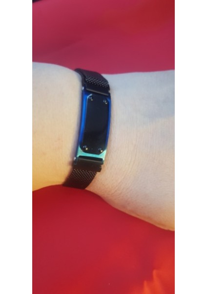 Kişiye Özel Isim Yazılabilen Mıknatıs Kilitli Saat Kordonlu Siyah ve Mavi Renk Çelik Bileklik