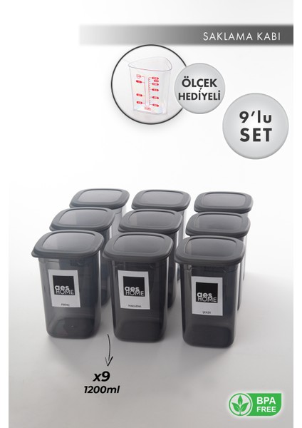 Aes Home Kırılmaz Kare Erzak Saklama Kabı Füme  1.20 Lt X 9 Adet 9' Lu Set (Ölçek Ve Etiket Hediyeli)