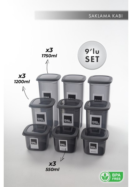 Aes Home Kırılmaz Kare Erzak Saklama Kabı Füme 1.75 Lt X 3 Adet 1.20 Lt X 3 Adet 0.55 Lt X 3 Adet 9'Lu Set (Ölçek Ve Etiket Hediyeli)