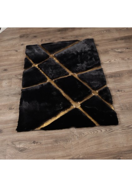 Siyah Renk Gold Çizgili Kros Model Peluş Halı 80 x 150 cm