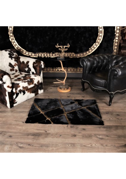Siyah Renk Gold Çizgili Kros Model Peluş Halı 80 x 150 cm indirimleri