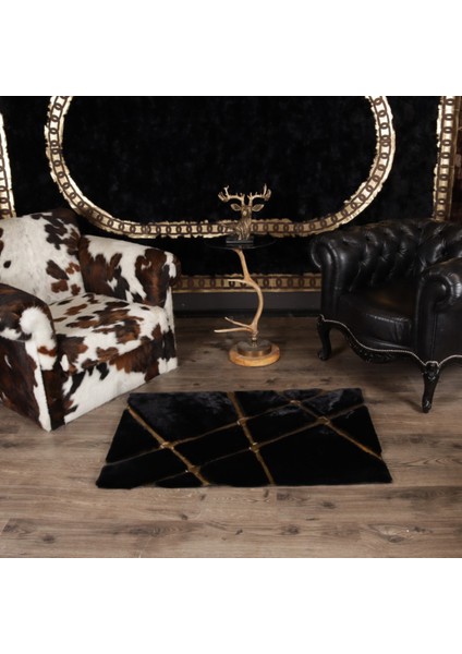 Siyah Renk Gold Çizgili Kros Model Peluş Halı 120 x 180 cm fiyatları
