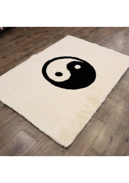 Krem ve Beyaz Renk Ying Yang Peluş Halı 120 x 180 cm - Krem