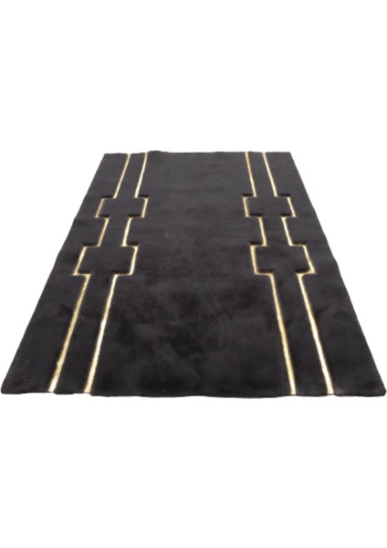 Siyah Gold Bordürlü Peluş Halı 80 x 150 cm