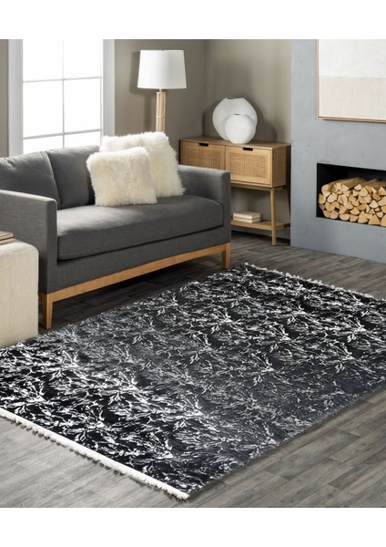 Gümüş Varaklı Kuş Ayağı Modelli Siyah Peluş Halı 160 x 230 cm