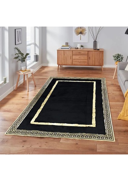 Siyah Gold Bordürlü Peluş Halı 240 x 340 cm