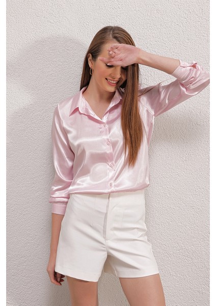 3964 Hafif Dökümlü Saten Gömlek - Pembe10