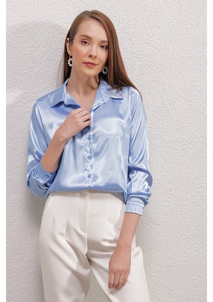 3964 Hafif Dökümlü Saten Gömlek - Mavi10 modelleri