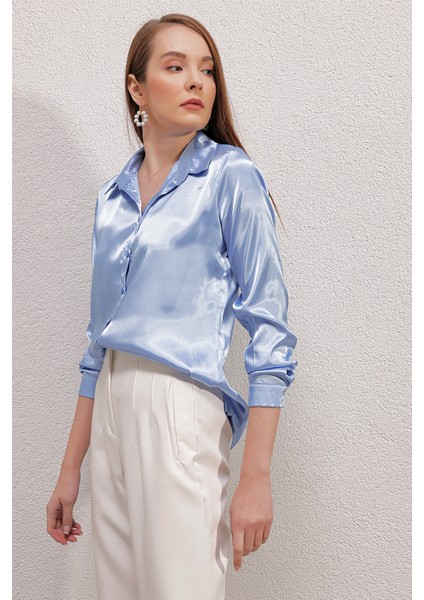 3964 Hafif Dökümlü Saten Gömlek - Mavi10 indirimleri