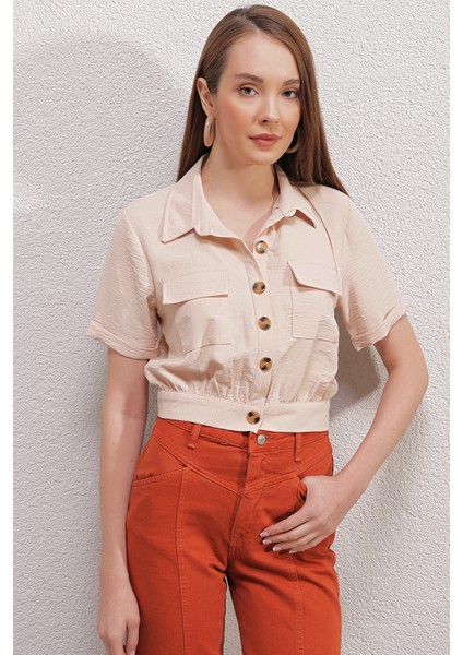 0663 Crop Ceket - Krem