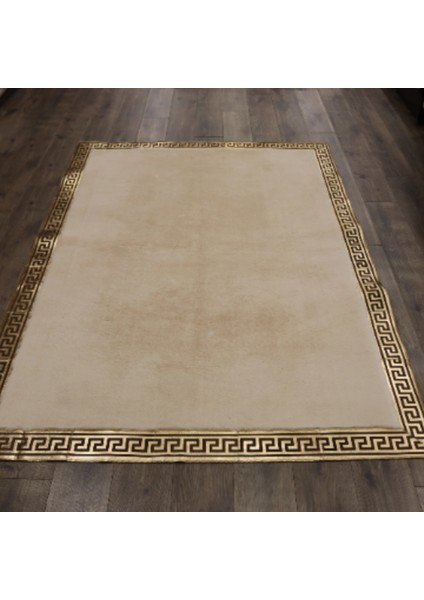 Krem Gold Bordürlü Peluş Halı 80 x 150 Cm