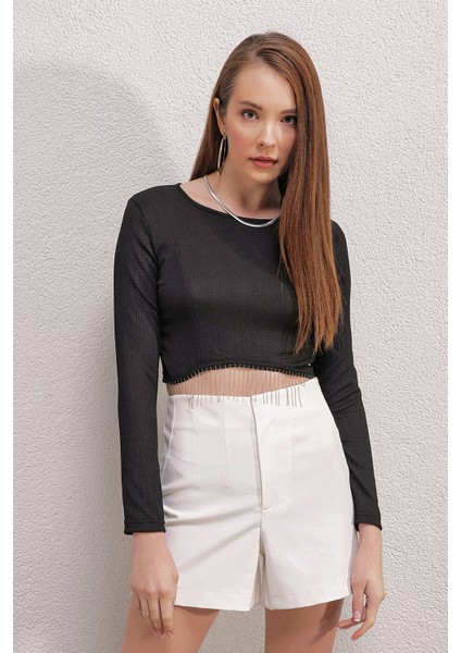 0444 Crop Zincirli Bluz - D.siyah fırsatları