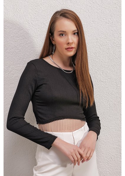 0444 Crop Zincirli Bluz - D.siyah indirimleri