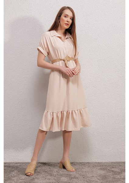 2292 Kemerli Elbise - Krem