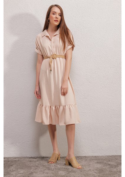 2292 Kemerli Elbise - Krem modelleri