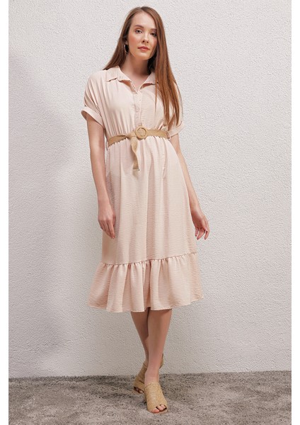 2292 Kemerli Elbise - Krem fırsatları