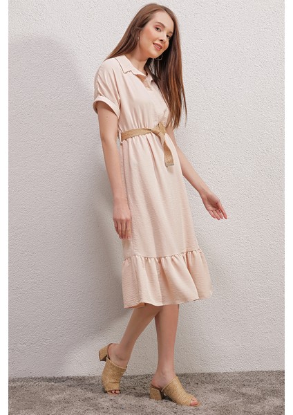 2292 Kemerli Elbise - Krem indirimleri