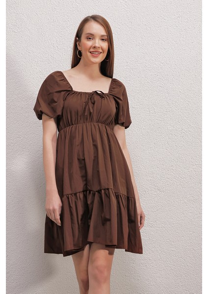 2351 Kloş Poplin Elbise - Kahverengi