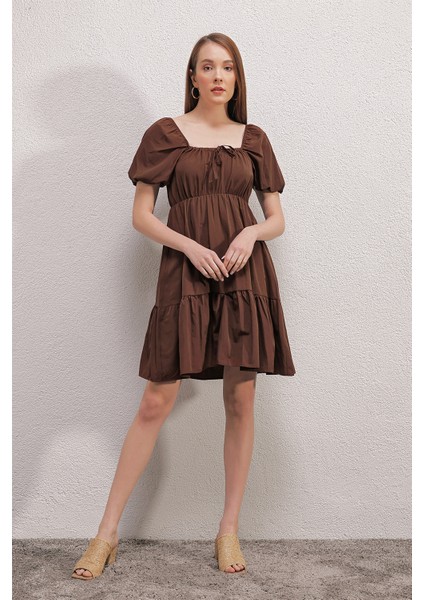 2351 Kloş Poplin Elbise - Kahverengi