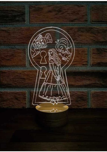 Alice in Wonderland Figürlü Dekoratif Hediye Led Masa Lambası | 7 Işık Rengi | Ahşap Taban