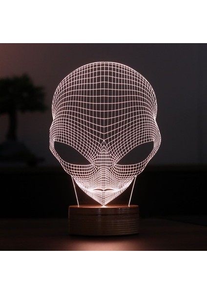 Alien Figürlü Dekoratif Hediye Led Masa Lambası | 7 Işık Rengi | Ahşap Taban