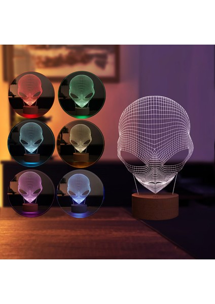 Alien Figürlü Dekoratif Hediye Led Masa Lambası | 7 Işık Rengi | Ahşap Taban