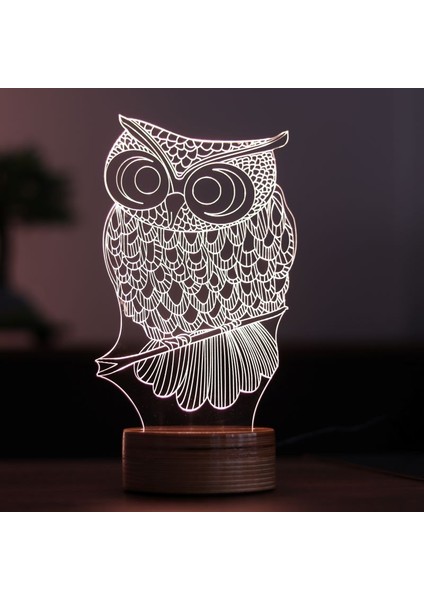 Baykuş Masa Lambası Ahşap Taban 7 Farklı Işık Renkli