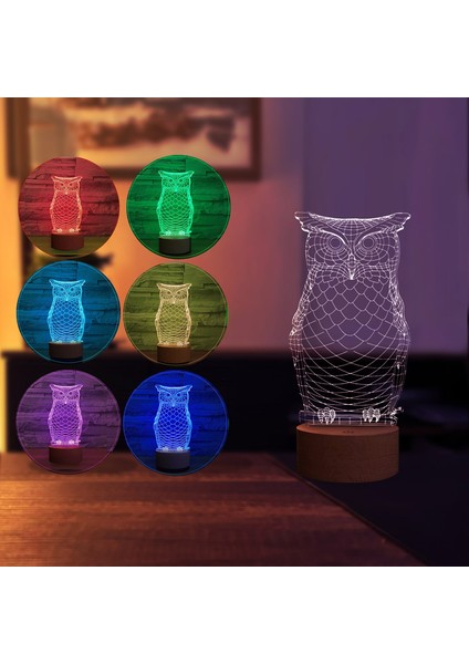 Baykuş LED Gece Lambası Ahşap Taban 7 Farklı Işık Renkli