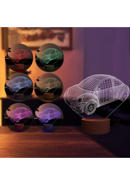 Araba LED Masa Lambası Ahşap Taban 7 Farklı Işık Renkli